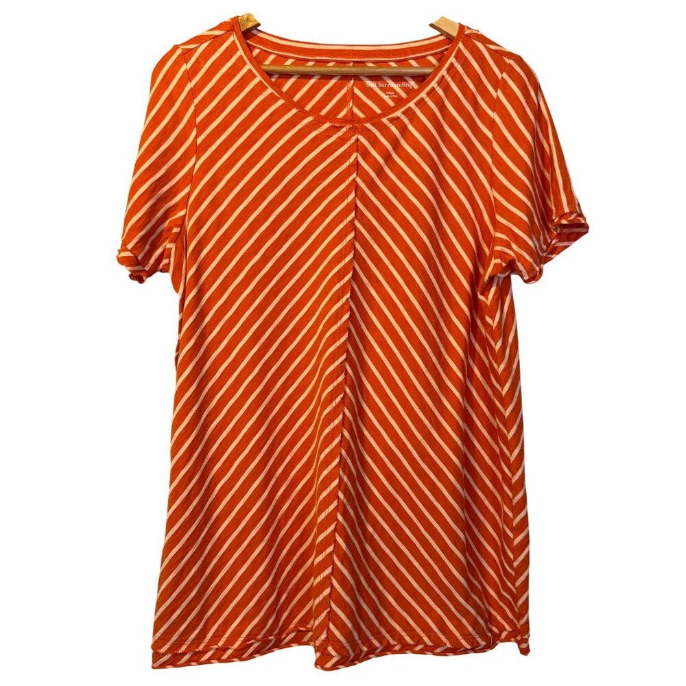 Soft Surroundings Indra Orange & White Striped Short Sleeve Top L‎ Artsy Flowy